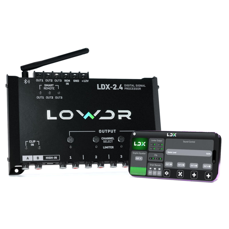 LOWDR Car Audio LDX 2.4 Digital Signal Processor and Equalizer, 4 Output 2 Input DSP with Bluetooth App Control, Parametric EQ, Crossover, and Limiter