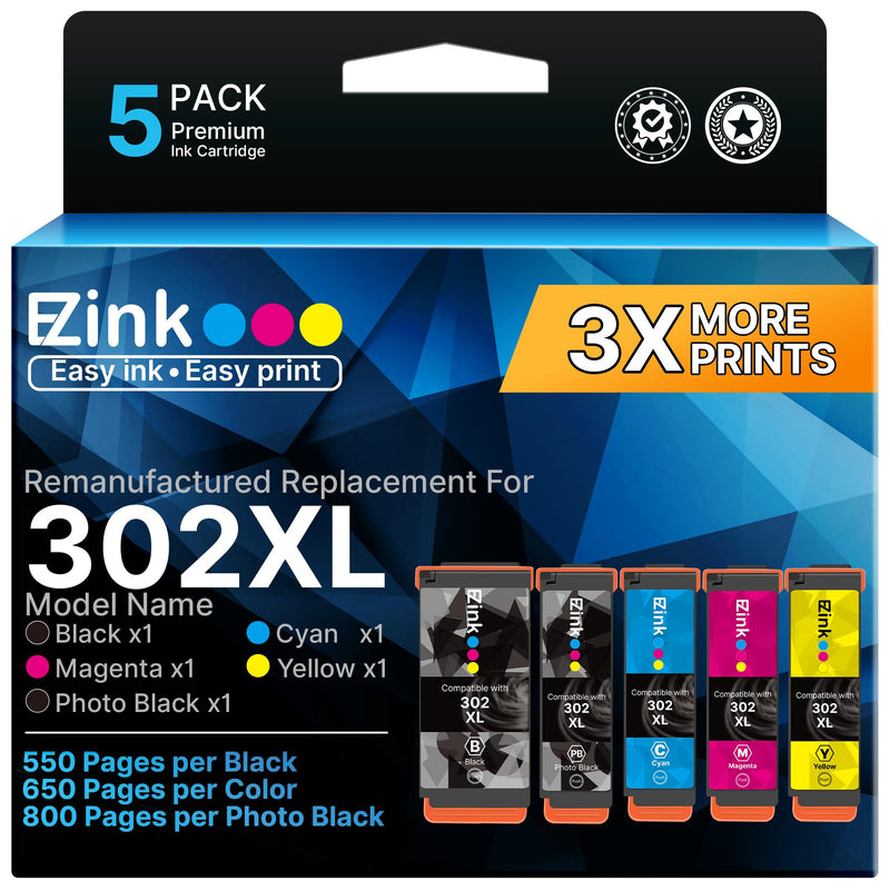 E-Z Ink Remanufactured Replacement for Epson 302XL Ink Cartridges Multipack | High Yield for Epson 302 Ink Cartridges for Expression Premium XP-6000 XP-6100 Printer (BK/PGBK/C/M/Y, 5 Pack)