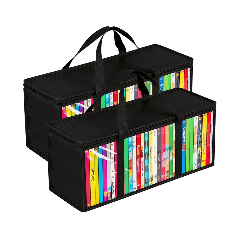 DVD Storage Bags, Clear PVC Media Organizer with Handles, Front Zipper Window, Stackable Holder for Blu Ray Discs, Movie Cases and VHS Boxes, 2 Pack, Holds 70 DVD Cases Total, 35 per Bag (SB-A-01) SB-A-01 Black