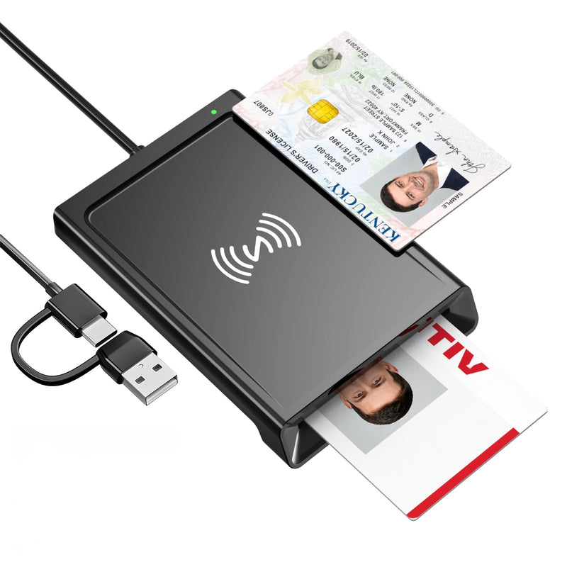 NFC Smart Card Reader, Contact & Contactless ID and Bank Chip Card Reader | CAC Reader for DOD Military, 2-in-1 USB-A/USB-C, for Windows/Mac/Android/Linux