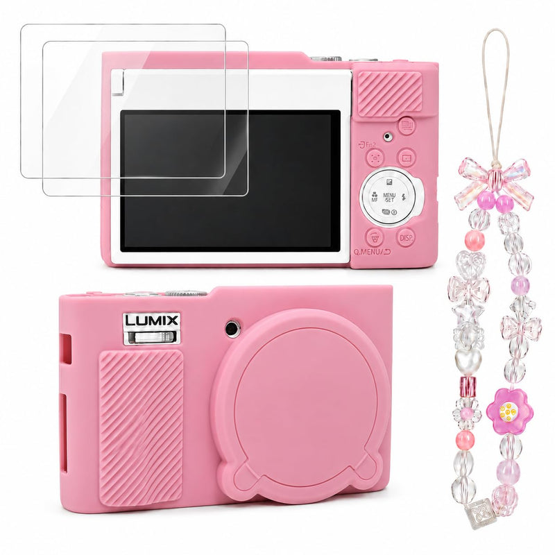 Case for Panasonic LUMIX ZS99/TZ99 with 2-Pack Screen Protector | Removable Lens Cap Silicone Cover with Cute Charm Wrist Strap for Lumix DC-ZS99/TZ99 Case Accessories Pink