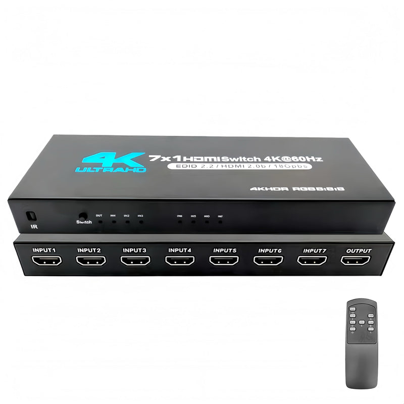 HDMI Switch 7 in 1 Out, 4K@60Hz HDMI 2.0 Splitter with Remote, 7 Port HDMI Switcher Selector Box, Support Dolby Vision/Atmos HDR10 HDCP2.2, for PS4 Xbox Switch Roku TV Fire Stick