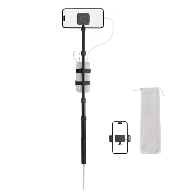 Ground Golf Monopod Phone Stand with Stainless Steel Spike | 46" Metal Extendable Pole, Phone Holder with Power Bank Straps, Golf Swing Video Recording for MagSafe & Smartphones