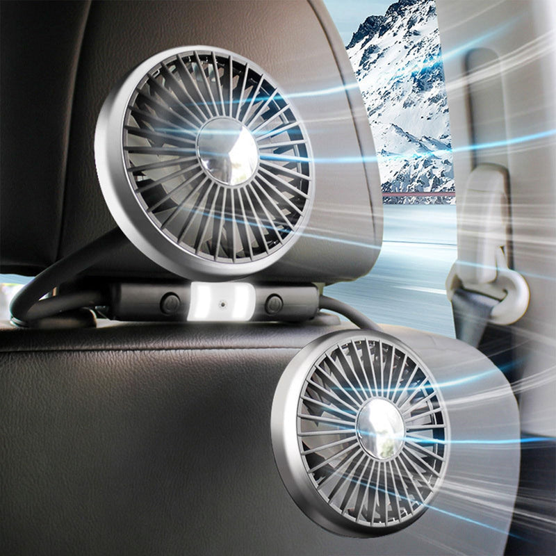 Car Fans for Backseat for Kids Baby Back Seat Carseat Headrest Rear Facing | 360° Flexible Hose 3-Speed USB Powered Dual Head Cooling Fan with Dual-Level LED Light for No AC Passengers (No Battery)
