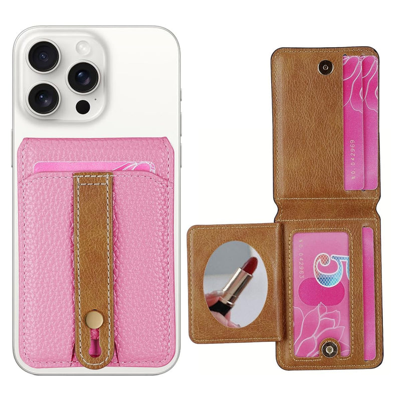 phone wallet stick on, PU Leather Wallet Stand, Mini Wallet | Holds 4 cards with photo window, grip strap, mini mirror and adjustable kickstand for phones cases, Pink