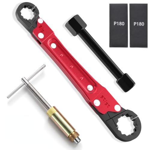 5Pcs Plumbing Tools Kit with Angle Stop Wrench & 1/2-Inch Compression Sleeve Puller, Professional Heavy Duty Ferrule Remover Tool, Plumbers Pipe Wrench and Basin Faucet Wrench Set with P180 Sandpaper 1/2" Sleeve Puller & Wrench Red