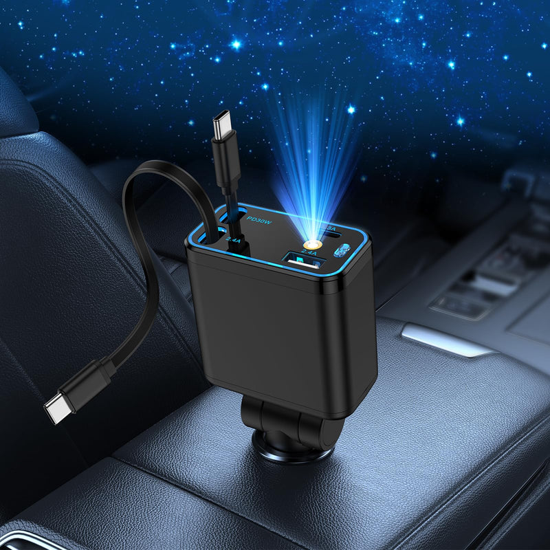 Retractable Car Charger with Starlight for Samsung Galaxy S26 Ultra/A17/A16 | 47W Starlight in Car Roof 4 in 1 Super Fast USB C & USB A Car Phone Charger Adapter for iPhone 17e/16e/17/16/15/14/13 Pro Max black