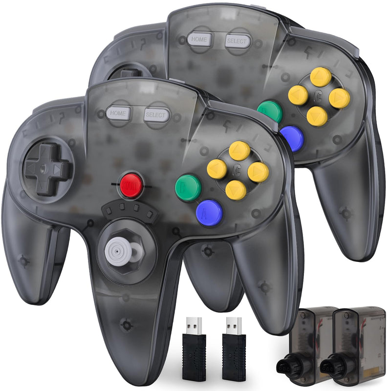 KIWITATA 2 Pack Wireless N64 Controller for Switch Games, 2.4GHZ N64 Remote Wireless Joystick Game Controller Compatible with N64 System, Switch/Switch 2,Windows PC & Mac Clear gray