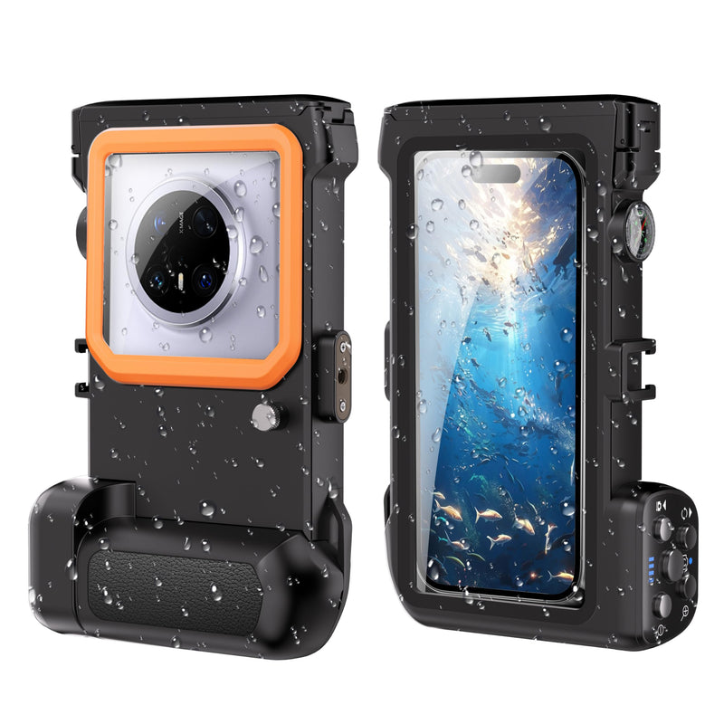 Diving Case for iPhone & Galaxy, 49FT/15M, Bluetooth Shutter | Anti-drop housing helps protect the phone for underwater photos while snorkeling or diving and comes in black-orange. Black Orange