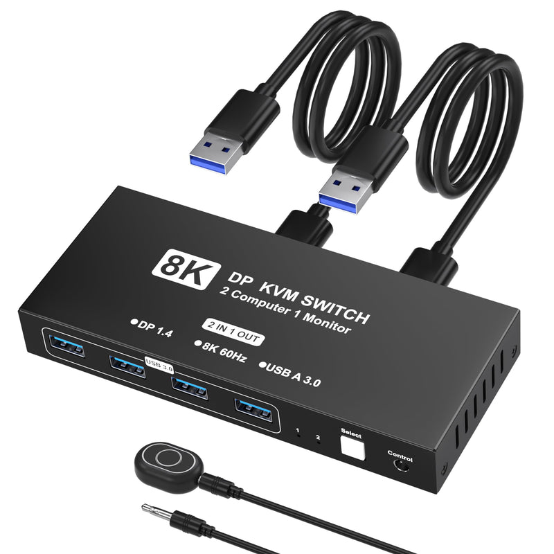 8K@60Hz DisplayPort KVM Switch 1 Monitors 2 Computers, USB KVM Switches with 4 USB 3.0 Ports Sharing Keyboard Mouse Printer, Display Port Switch 2 in 1 Out, Monitors Switcher for 2 Computers