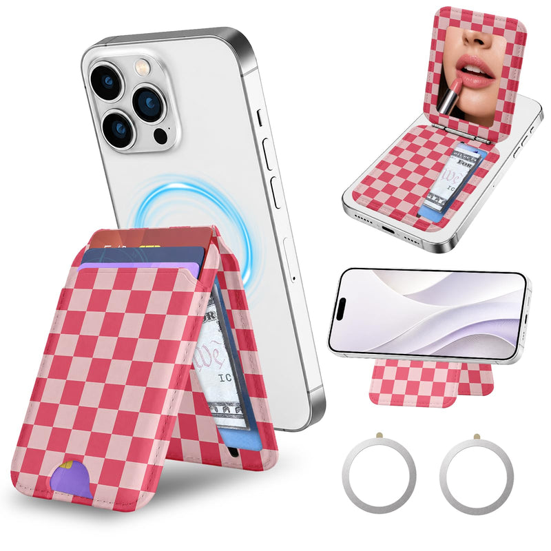 bolimoss Checkered for Magnetic Wallet with Makeup Mirror, Cute Leather Magnetic Card Holder for iPhone, Phone Wallet with 2 Card Slots & Adjustable Stand for iPhone 17/16/15/14/13/12 Series(Pink) Rose Red Checkerboard