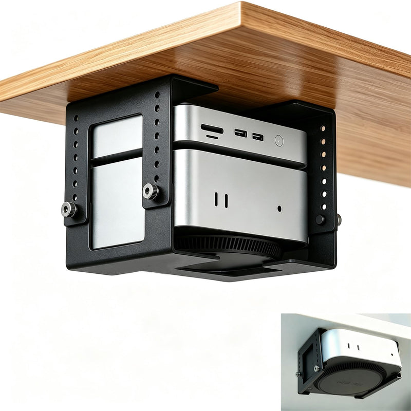 8-Level Height Adjustable Metal Under Desk Mini PC Mount Bracket | 1.8" to 3.9" height adjustable, with two different interchangeable lower components, Side Port Design, Space-Saving