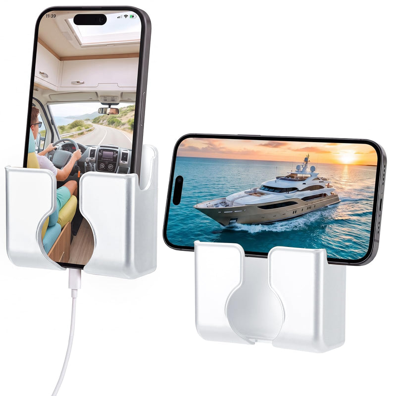 2Pack Wall Phone Holder, Side Groove Phone Holder for Wall | Self Adhesive Wall Mount Phone Holder for Bedside RV Camper Boat Charging, Compatible with iPhone and Android White