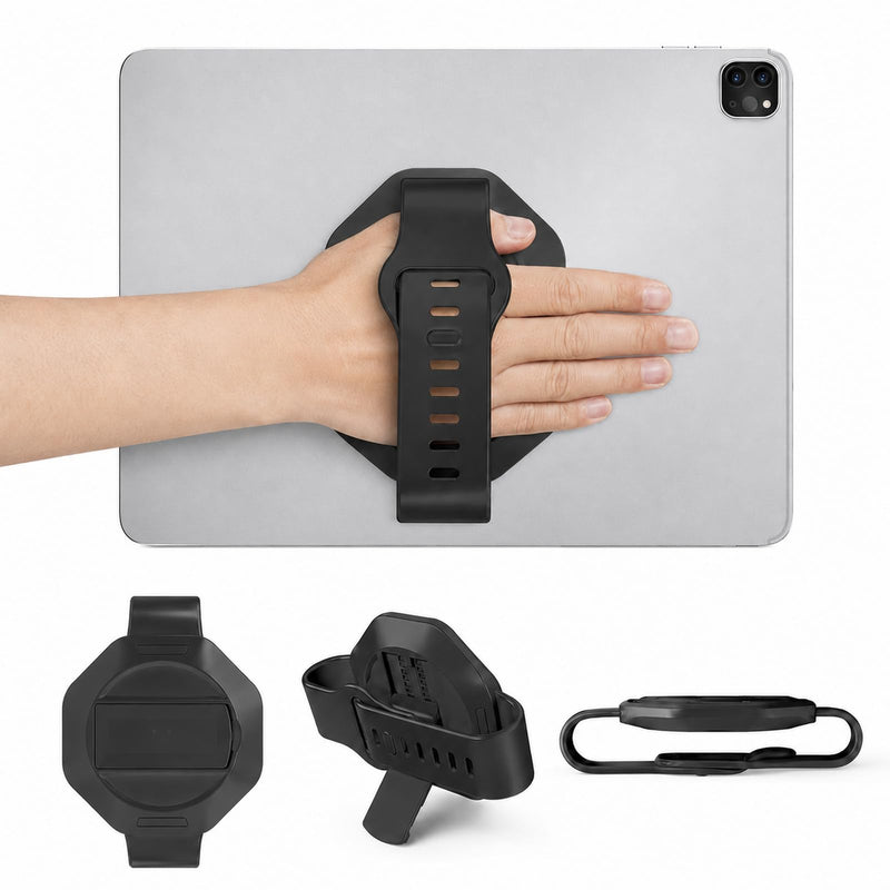 Tablet Hand Strap Holder and 360° Rotating Stand, Black | 360° rotating grip with silicone band and nano adhesive pad; fits iPad, Galaxy Tab, Xiaomi, Vivo and Huawei tablets.