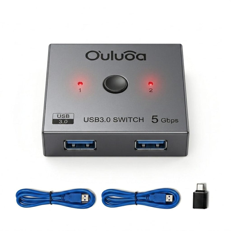 USB 3.0 bidirectional Switch, 2-in-1 & 1-in-2 Out. Lets 2 PCs Share Printer, Keyboard, Mouse, Scanner, Flash Drive and Card Reader. Comes with 2pcs 3.9FT USB 3.0 Cables Plus a Type-C Adapter.