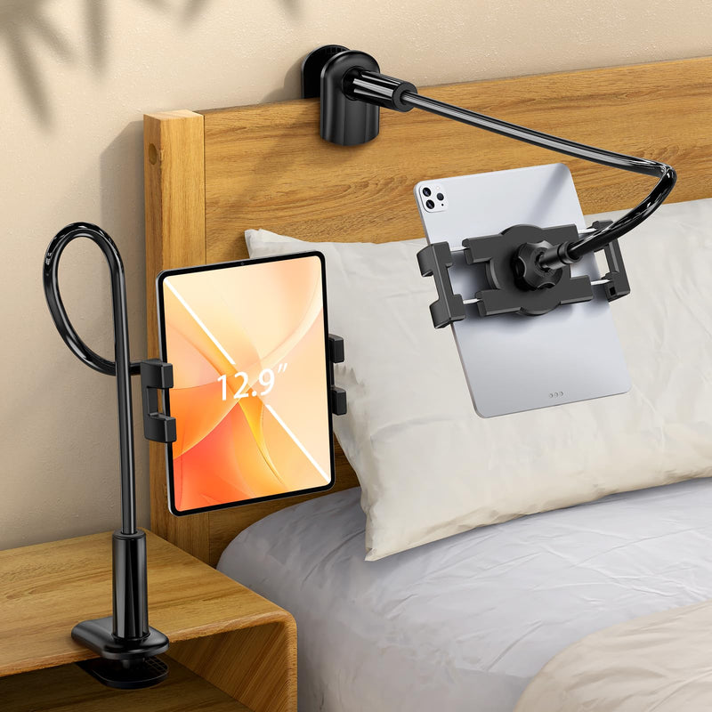 Gooseneck Tablet Holder for Bed, Adjustable ipad Stand with Long Arm | 360° Adjustable, Hands Free Tablet Mount Clip, Compatible with iPad/Mini/Galaxy Tabs/Kindle/Switch or More 4.7-12.9" Devices