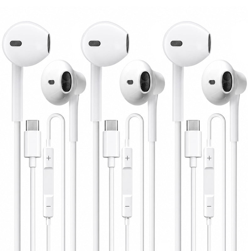 USB C Headphones 3 Pack,Type C Earphones for iPhone 17 16 15 Pro Max Plus iPad Pro Wired USB C Earbuds with Microphone & Remote Control Earphones for Samsung Galaxy S26 S25 S24 Google Pixel White