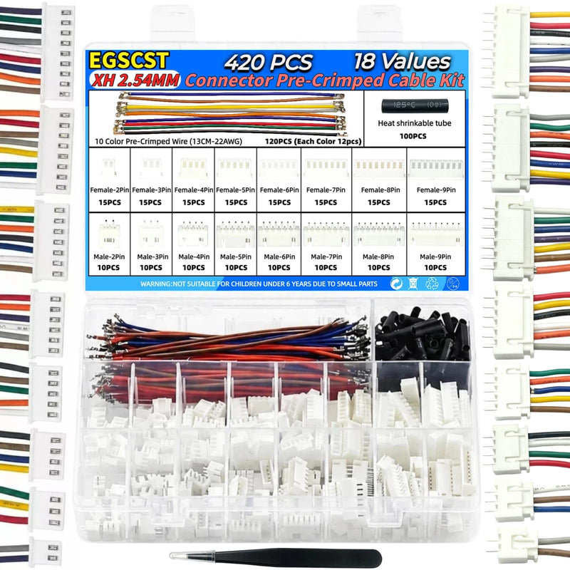 XH 2.54mm Connector Kit | 120 Pre-Crimped Cable Wires | 2/3/4/5/6/7/8/9 Pin Female Housing and Male Socket | JST-XH Compatible | No Crimp Tool Needed 2.54mm-XH