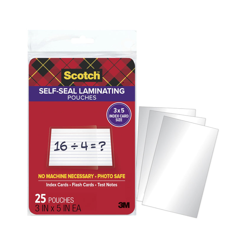 Scotch Self Seal Laminating Pouches 3 x 5 Index Card Size, 25-Pack | No Laminator Machine Needed, Great for Index Cards, Flash Cards & Test Notes