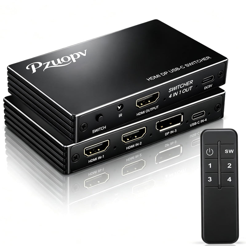 4 in 1 HDMI Switcher, 2×HDMI + DP + USB-C Input to HDMI Output Switch with IR Remote, 4K@60Hz Multi-Source Video Switch for PS5/PS4/Switch/Xbox/Laptop/Blue-ray Player to TV Monitor