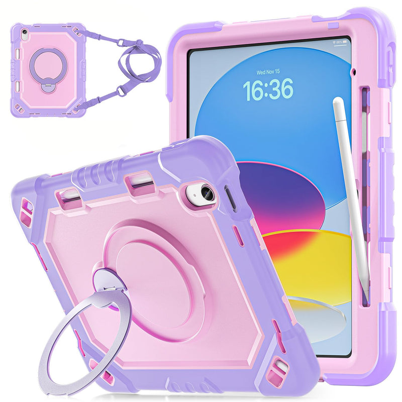Case for iPad A16 11th Gen 11" 2025 & iPad 10th Gen 10.9" 2022 | 4-Layer Military Grade Shockproof Cover,Built-in Pencil Holder,360° Rotating Alloy Stand,Detachable Shoulder Strap Lilac Blush
