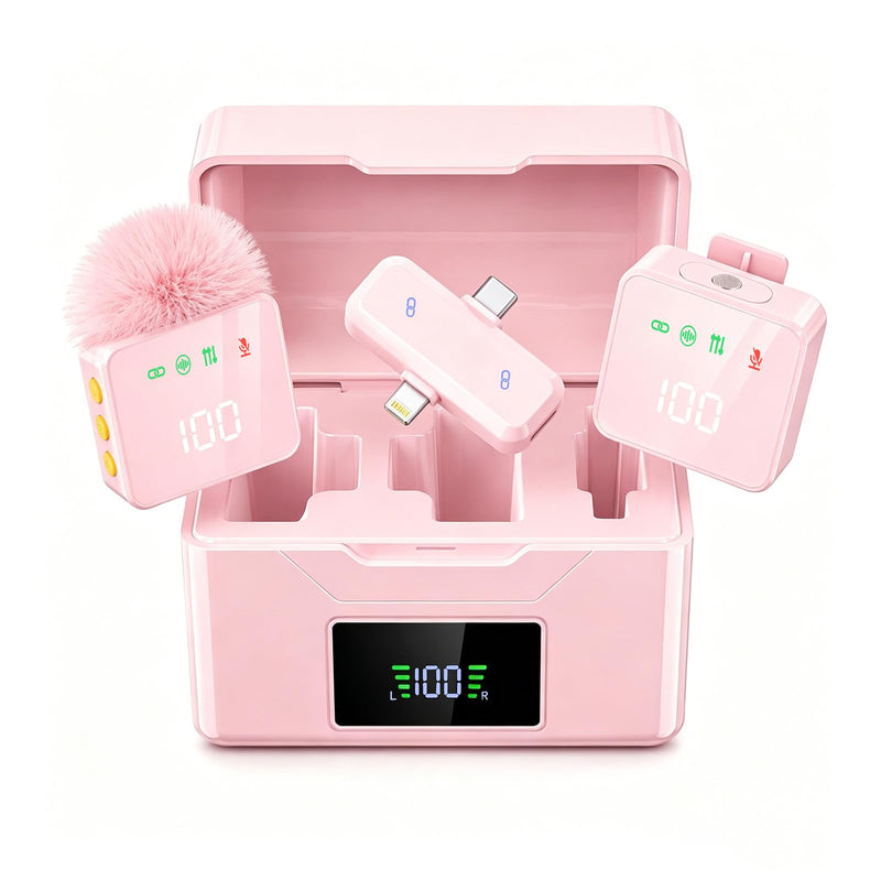 2 Mini Wireless Lavalier Microphones for iPhone & Android, Noise Cancelling, Plug & Play, 60H Battery with Charging Case, Portable Lapel Mic for Content Creators, Podcast, Streaming (Pink) Pink 2