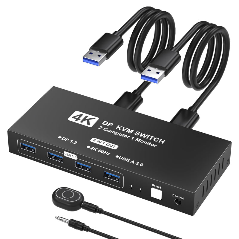 DisplayPort KVM Switch 1 Monitors 2 Computers, 4K@60Hz USB KVM Switches with 4 USB 3.0 Ports Sharing Keyboard Mouse Printer, Monitors Switch for 2 Computers, Display Port Switcher 2 in 1 Out