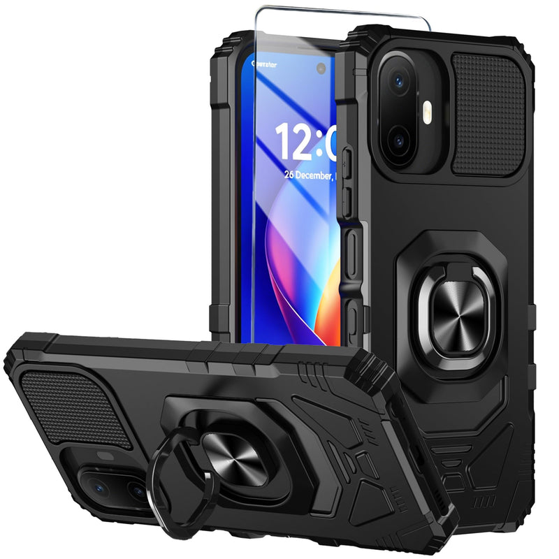 for TCL K70 5G/TCL K70 XE Phone Case with Tempered Glass Screen Protector,Military Grade Heavy Duty Shockproof Protective Cover,with Ring Kickstand (Black) Black for TCL K70 5G