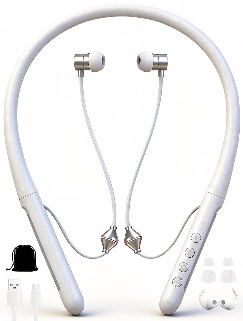 Bluetooth Air Tube Headphones White – 25H Battery Life , EMF Free Anti Radiation Wireless Earbuds with Noise Cancelling Mic & Volume Control – Zero EMF for Pregnancy, Kids for iPhone Android Laptop
