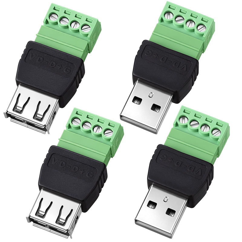 4-Pack Solderless USB 2.0 Type A Male/Female to 4 Pin Screw Terminal Block | DIY Electronics Projects, Repair & Power