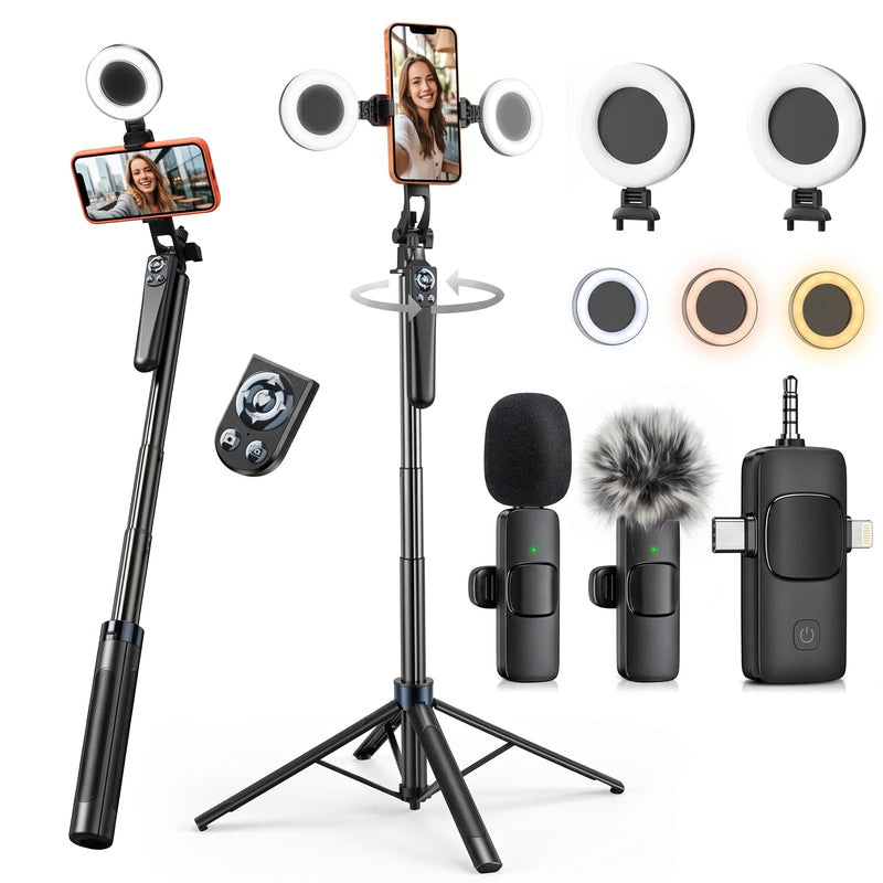 Content Creator Essentials Kit 71" Tripod Light Wireless Microphone &Remote | Vlogging Kit Tripod for iPhone/Android, No App, Selfie Stick Phone Stand for Video Recording Live Streaming TikTok, YouTube