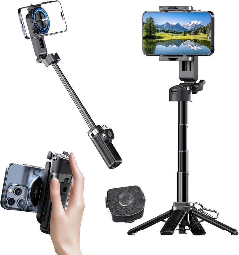 Magnetic Phone Tripod Stand, Portable Mini Selfie Stick for iPhone 16/15/14/13/12 & MagSafe, Aluminum Angle-Adjustable Foldable Strong Magnet Phone Holder, Travel Essentials, Included Metal Ring Iron Black