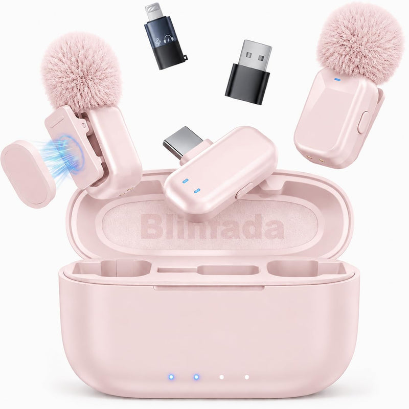 mini 2 Wireless Lavalier Microphones for iPhone 16/17 & Android, AI Noise Cancellation, App Control, 30H Battery with Charging Case, Lapel Microphone Wireless for Video Recording Blush Pink