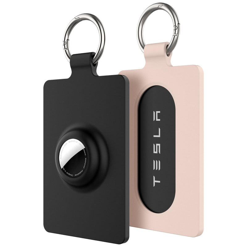 Card Holder for Tesla Key Card with Apple AirTag 1st & 2nd Generation | Silicone Case With Keychain Rings,Cover for Tesla Model 3 Y S X,2 Pack, Black & Light Pink