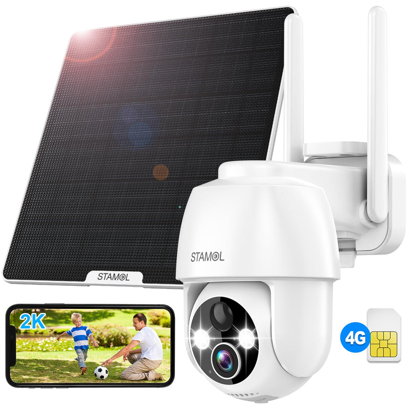 4G LTE Cellular Security Camera, No WiFi Solar Powered Wireless Outdoor Camera with Built in SIM Card, 2K Color Night Vision, 360° Full View, PIR Motion Detection & Siren, 2 Way Talk