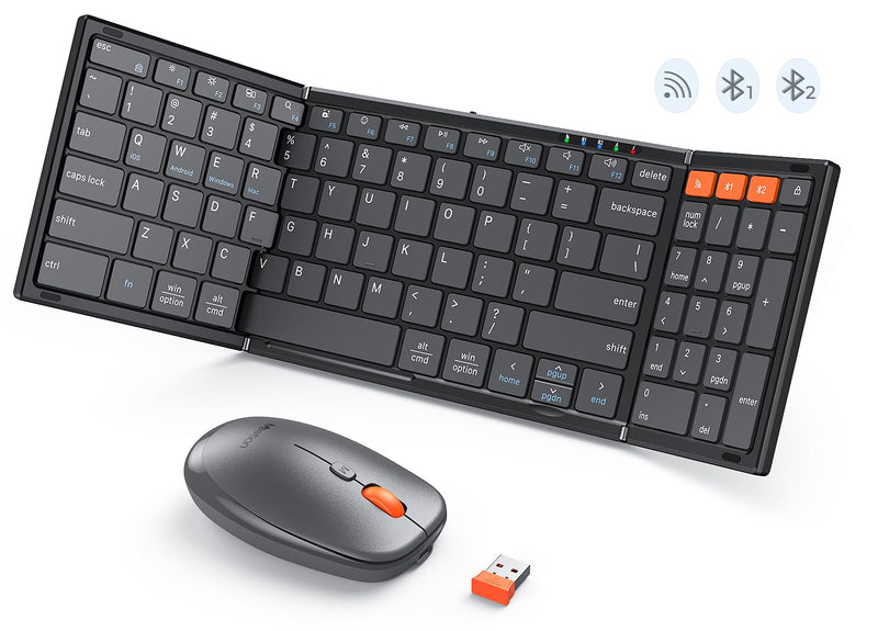 MEETION Foldable Keyboard and Mouse Combo, Bluetooth Portable Set | Rechargeable full-size folding keyboard and mouse with 2.4G & dual Bluetooth, ideal for travel, Windows, Mac & iPad Black