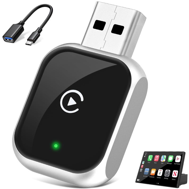 Wireless CarPlay Adapter for iPhone, 5.8GHz WiFi Bluetooth 5.3 Fast Auto Connect Dongle, USB A/C Dual Port Mini Metal Shell, Plug & Play Compatible with Factory Wired CarPlay Cars Silver