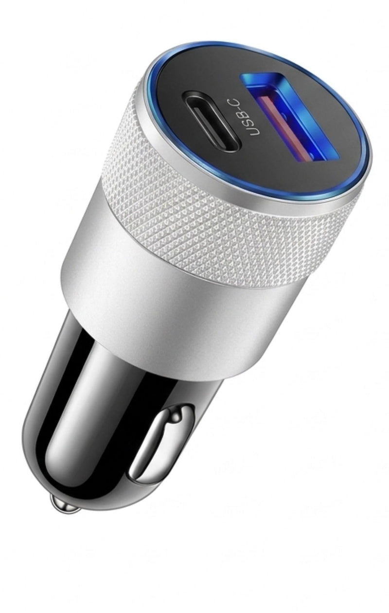 Dual-Port USB Fast Car Charger, USB-C PD and 3.1A USB-A, 15W Total Output, Metal Knurled Grip, Universal 12-24V, Model CC-PD1 Silver/Black