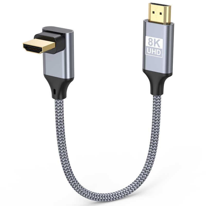 Short Right Angle HDMI Cable 8K 90 Degree HDMI 2.1 Cable 1 Foot | Aluminum Braided Angled HDMI Cord Supports 4K@120Hz, 8K@60Hz, 48Gbps, Dynamic HDR, eARC, 3D for TV Box, HDTV, Monitor, Laptop 90-Degree 1FT