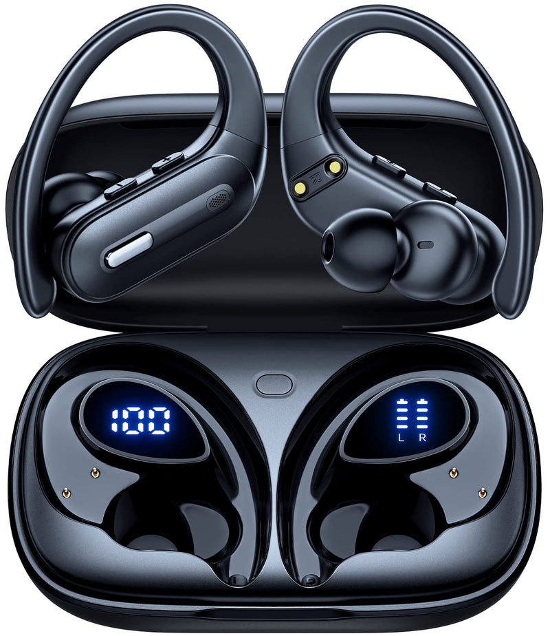 GNMN Wireless Earbuds Bluetooth Headphones 90 Hrs Playtime Ear Buds with Hi-Res Stereo Deep Bass Power Display Earphones with Earhooks Waterproof Transparency Headset Sports/Running