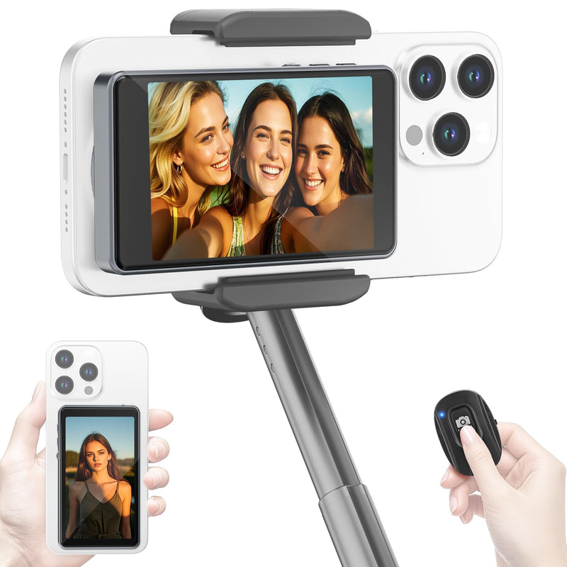 Vlog Selfie Monitor Screen iPhone, Back Camera Monitor iPhone, Gray | Wireless Magnetic Selfie Screen for Android with Bluetooth Remote 1800mAh 3-Level Brightness Wide Screen Mode for Live Stream GraySilver