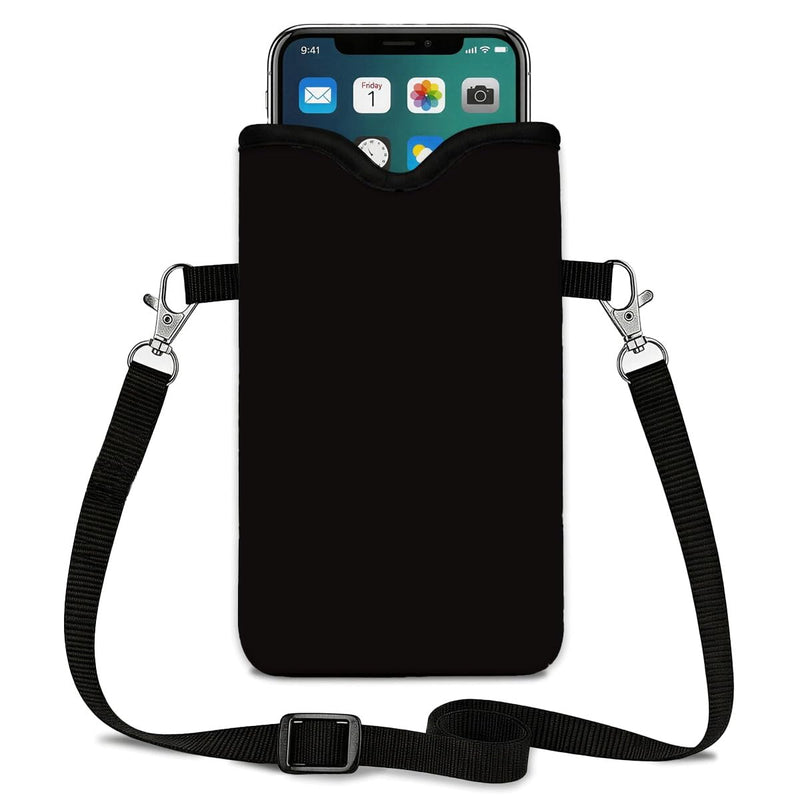 Neoprene Phone Sleeve Pouch Case Bag for Women Men with Crossbody Strap, 7.1x3.9 in, Shockproof Mobile Protection Case Bag with Neck Lanyard, Fits Most Phones, Classic Black Color 01