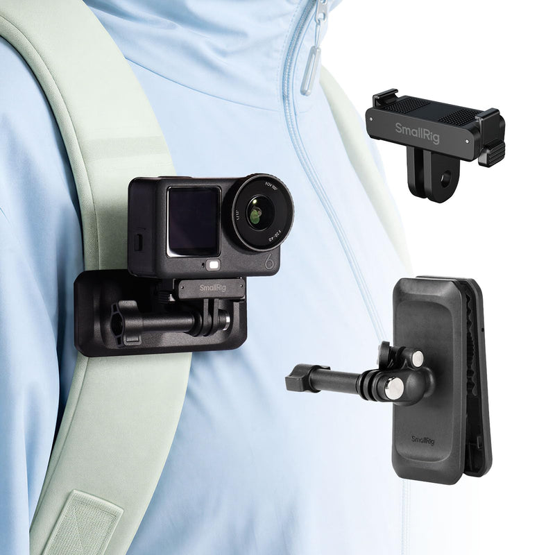 SMALLRIG Backpack Clip Mount for DJI Osmo Action 6/Nano, 360° Ball Head & 2-Prong Mount, Magnetic Adapter& Foldable Hook, POV Shooting for Hiking/Vlogging - 6307 Backpack Strap Clip