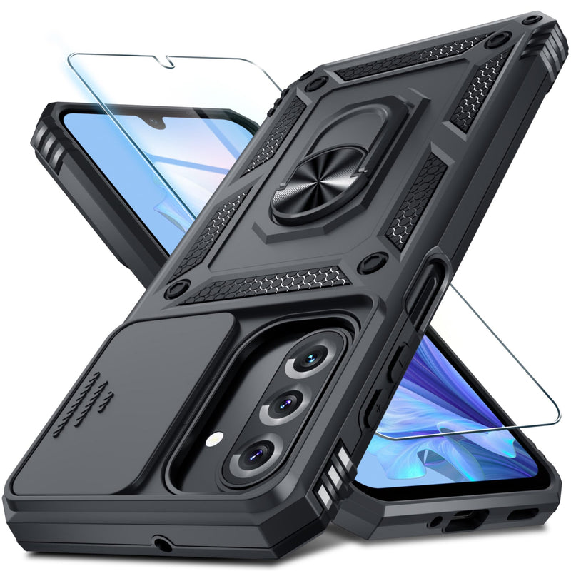 Janmitta for Samsung Galaxy A27 Case Built in Slide Camera Cover,Black | with Tempered Glass Screen Protector+Finger Ring Holder Kickstand,Heavy Duty Shockproof Full Body Phone Cover Black