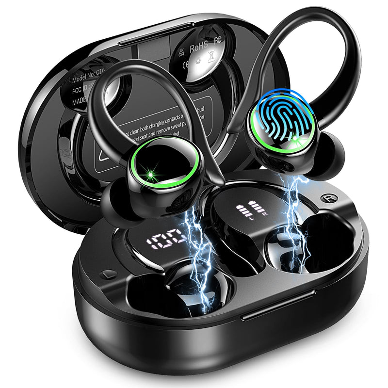 Wireless Earbuds Sports, Bluetooth 5.4 Headphones Hifi Stereo, Fitness Headset for Gym Running Workout, ENC Noise Cancelling Mic, Over Ear Buds with 50H Playback, IP7 Waterproof, Earhooks Design Black