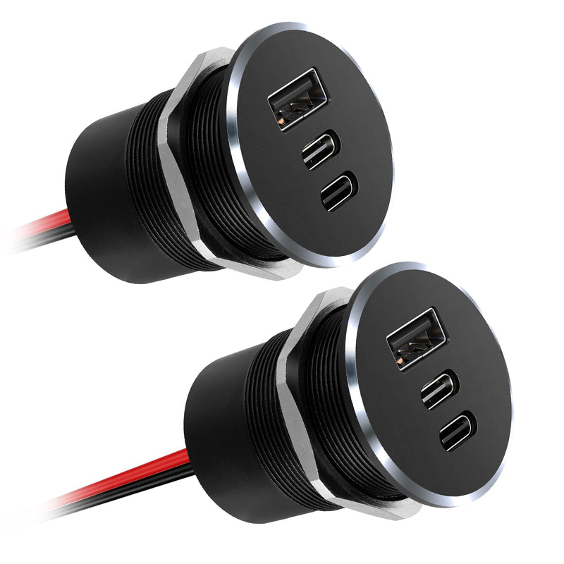 78W 12V USB Outlet with Silver Ring, Aluminum Car USB C Socket | PD3.0 & QC3.0, 3 Port Fast Charging, Mulit-Protection, No Backlight, Low Standby Power, For RV, Boat, Caravan, Camper Trailer 2Pcs