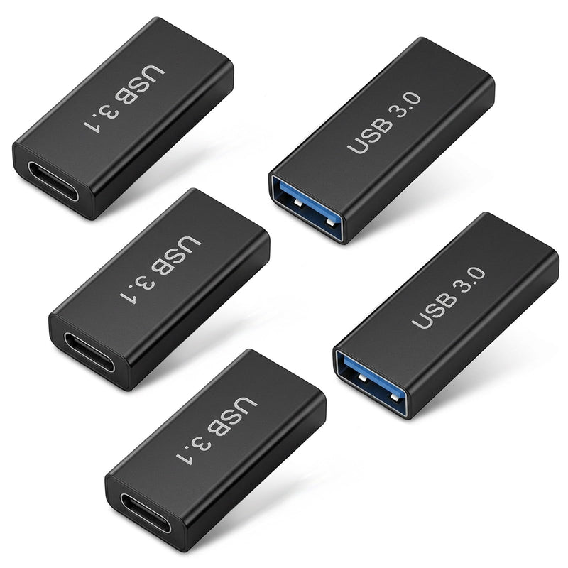 USB 3.0 Female to Female Adapter 2 Pack and USB-A to USB-C Adapter 3 Pack 10Gbps USB 3.1 Bi-Directional USB Extension Connector for Data Sync and Fast Charging