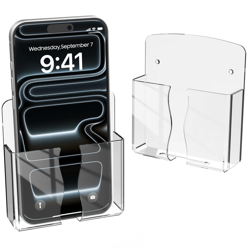 Clear Wall Mount Phone Holder with Charging Hole, Self-Adhesive Cell Phone Stand & Remote Control Organizer, Space-Saving Bedside Cradle Compatible with iPhone & Android, Clear