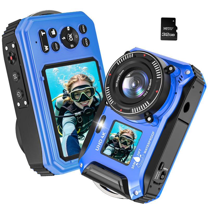 4K Underwater Camera 64MP 33FT Waterproof Camera with 32GB Card | Dual-Screen, 16X Zoom, Autofocus, Floatable, 1500mAh Battery, Fill Light, Ideal for Snorkeling, Swimming, Travel Blue