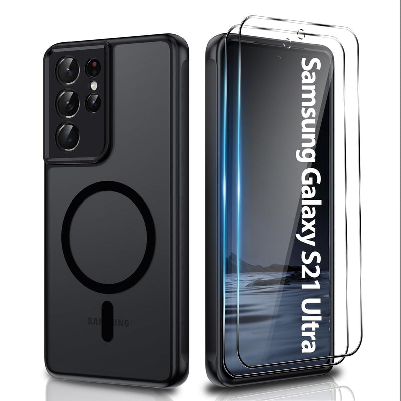 for S21 Ultra Phone Case, MagSafe Fit,Magnetic Matte,Black | 𝟐 𝐗 Screen Protector,Slim Translucent Matte Skin Feeling Shockproof Protective for Samsung Galaxy S21 Ultra Case Black Samsung Galaxy S21 Ultra 5G